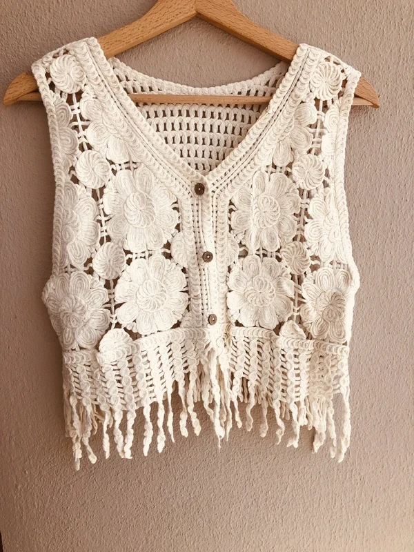 Colete em crochet boho com franjas – Novo em Branco creme – photo 4